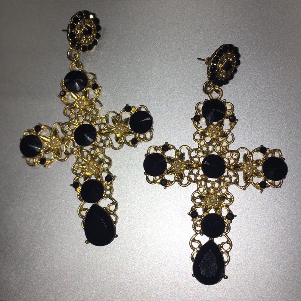 Gold and black cross earrings